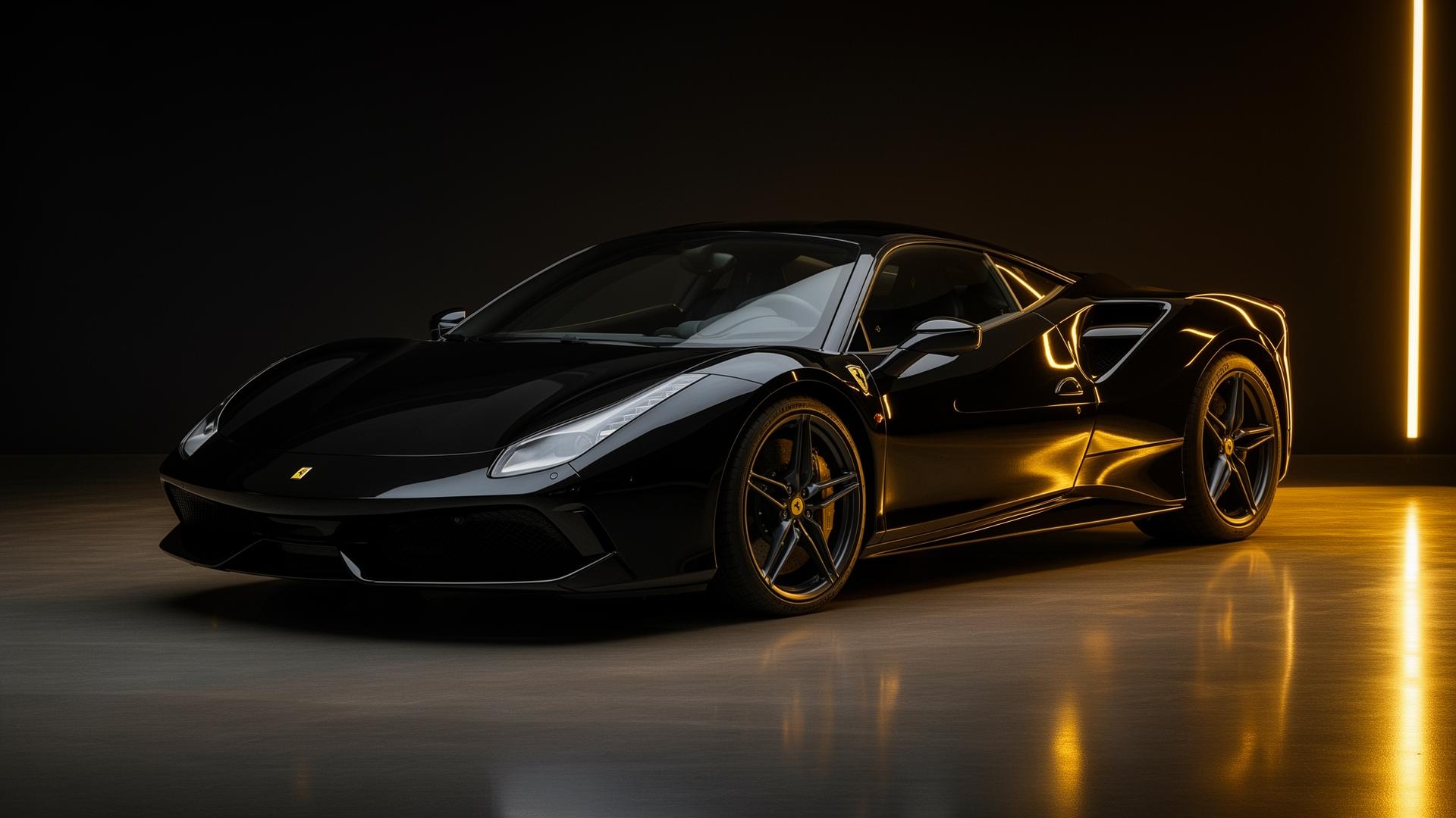 Detailed black luxury car under golden light
